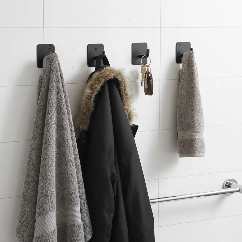 Sticky Wall Hangers 4 Pack For Bathroom Kitchen Closet Heavy-Duty Load Capacity Matte Black Metal Utility Hooks Towel Coat Ke