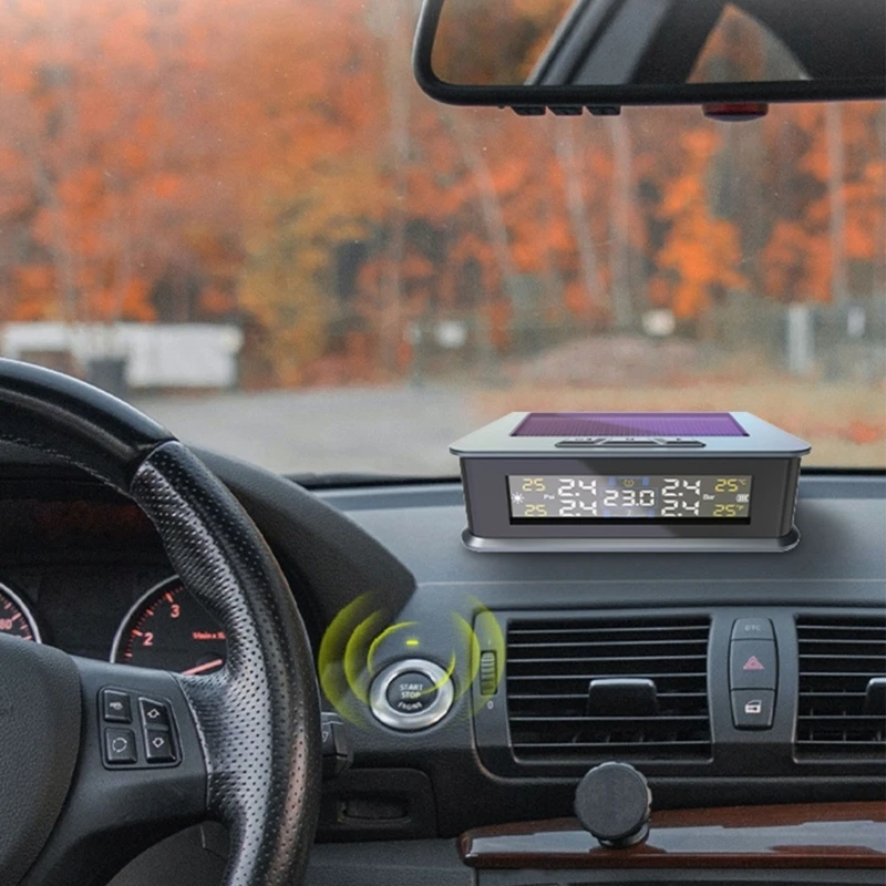 4-Tire Pressure and Temperature Monitor with External Sensors, One-Screen Dashboard Readout, and Wireless Data Transmission for