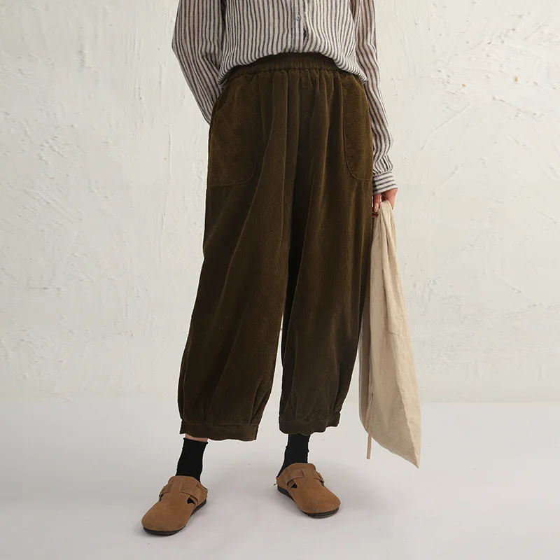 100% Cotton Corduroy Pants Women Knitted Wide Leg Track Pants Baggy Streetwear Trousers Bloomer Pantalones Mujer