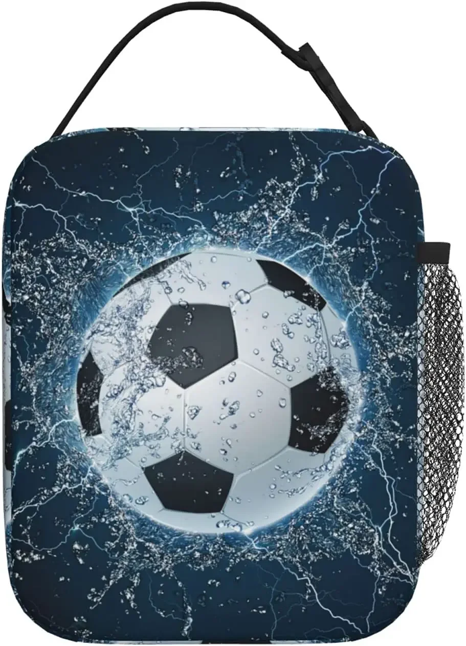 Soccer Ball on Water Printed Lunch Bag Insulated Lunch Box Cooler Tote for Office Work