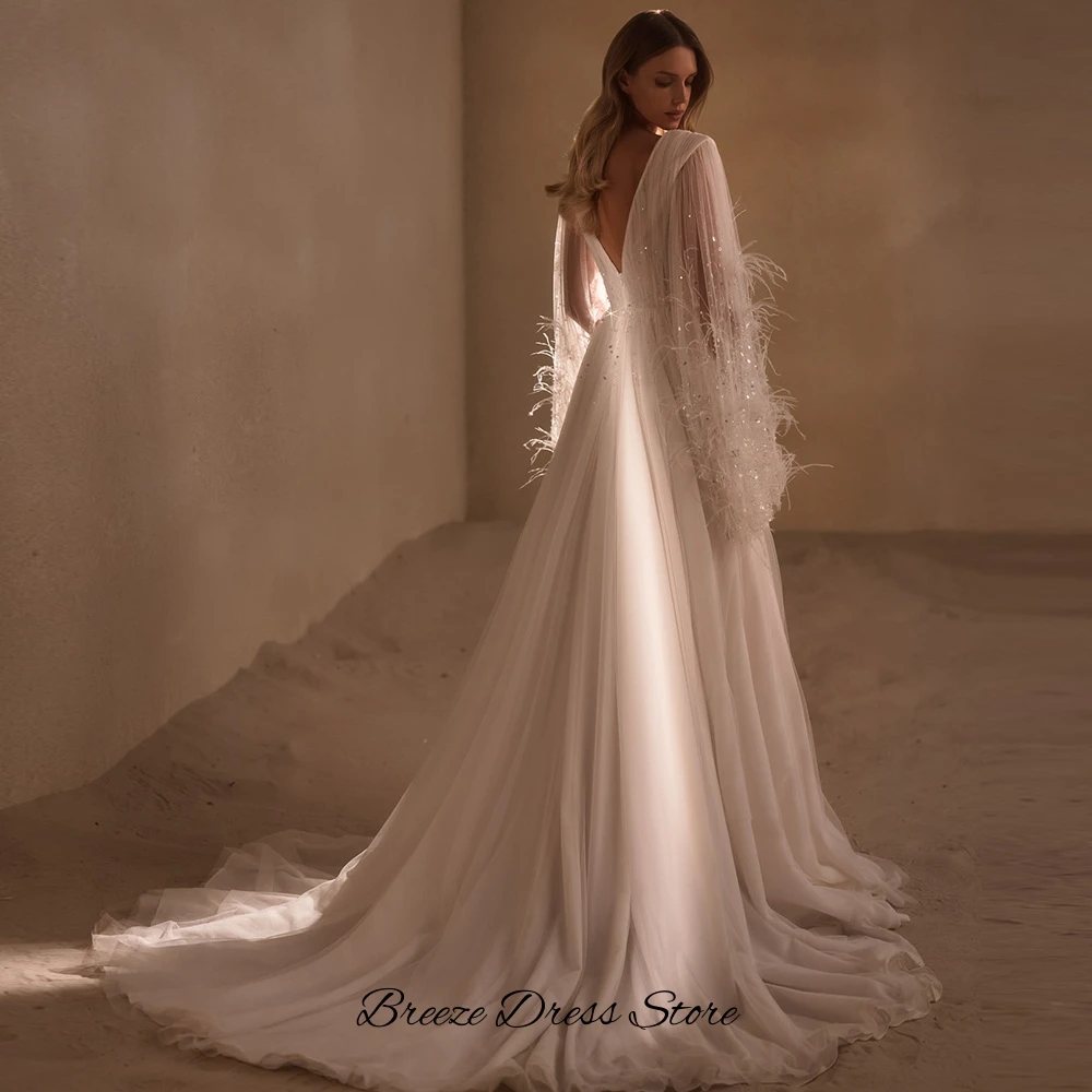 Feathers and Sequined Customized Bridal Gowns Elegant A-Line Deep V-neck Wedding Dress Fashion Tulle Long Sleeves Robe de mariée