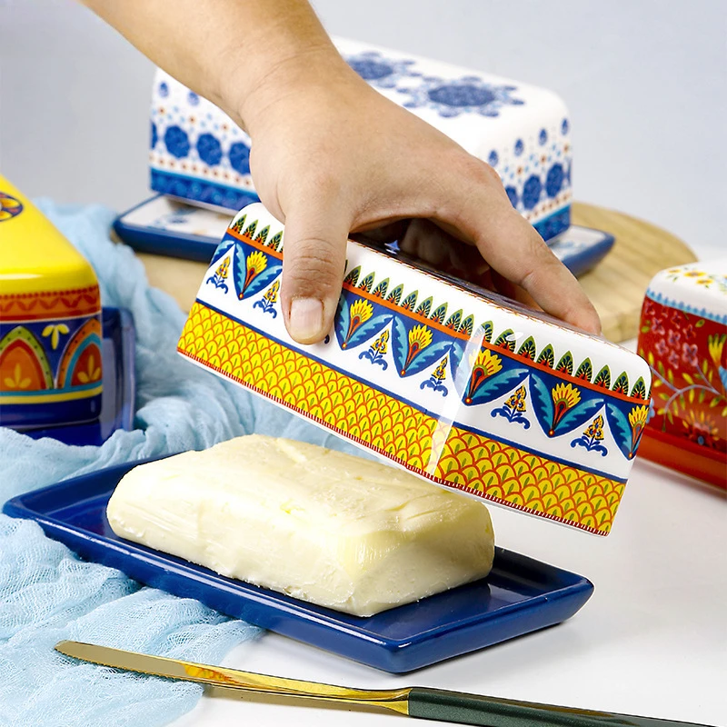 Ceramic Yellow Oil Pan with Cover Creative Hand-painted Pattern Butter Box Square Dim Sum Dish Household Tableware