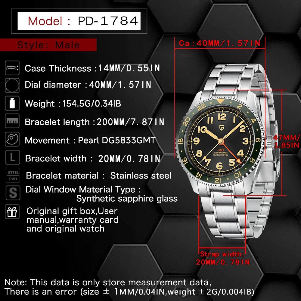 2026 New Arrival Pagani Design PD1784 DG5833GMT Movement 200M Waterproof Sapphire Glass Stainless Steel Luminous Pilot Watches
