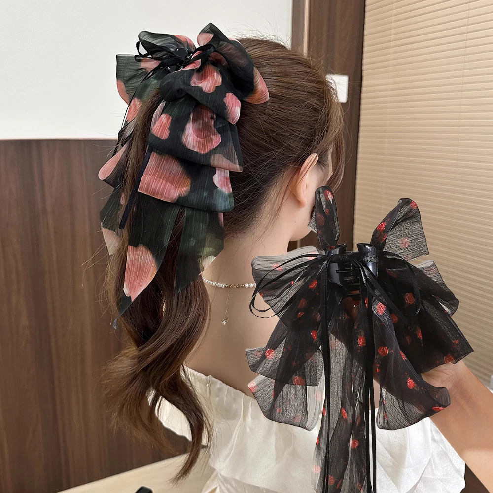 

1PC French Rose Big Bow Ribbon Hair Claw for Women Girls Romantic Floral Butterfly Ponytail Crab Shark Hair Clip Hair Accessory