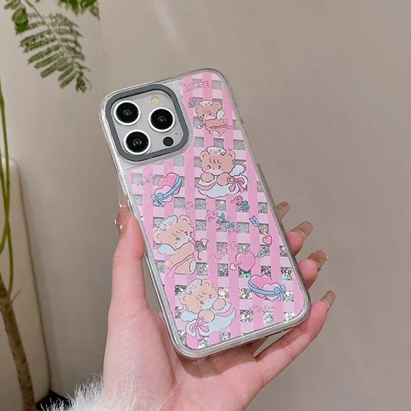 Cute Checkered Cat Transparent Border Quicksand Phone Case Cover for IPhone 12 13 14 15 Pro Max Case for IPhone 15 Pro