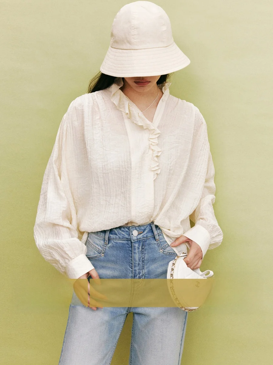 

Romantic Lace Collar Asymmetrical Texture Standup irt Amyy Studios Special Offer Transparent Long Sve Loose Fit Commute ...