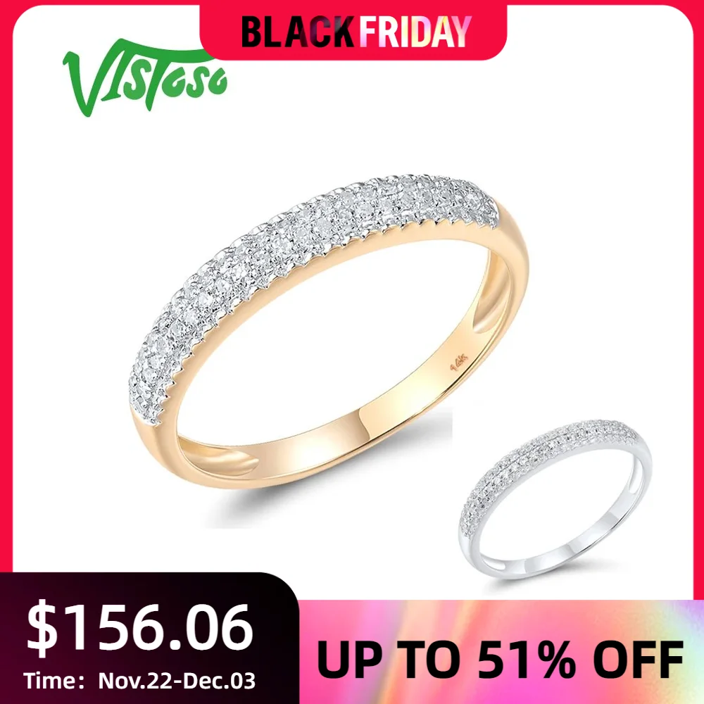 VISTOSO Pure 14K 585 White Rose Gold Rings For Women Sparkling Diamond Promise Engagement Anniversary Simple Style Fine Jewelry