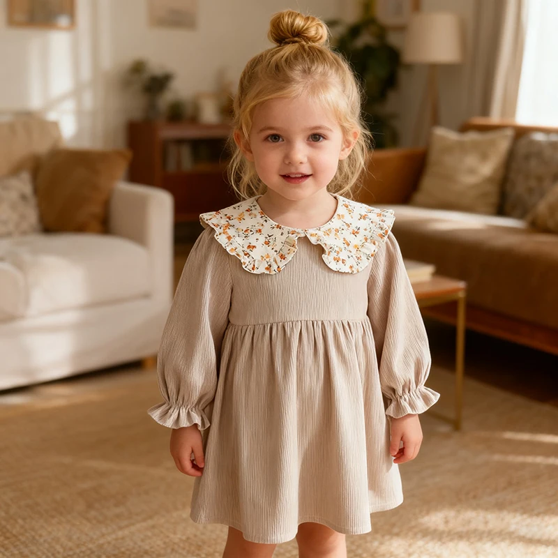 خريف جديد الفتيات فستان 1-6Y دمية الرقبة سروال قصير الزهور فستان الربيع الأطفال الفتيات طويلة الأكمام الأميرة موضة فستان لطيف