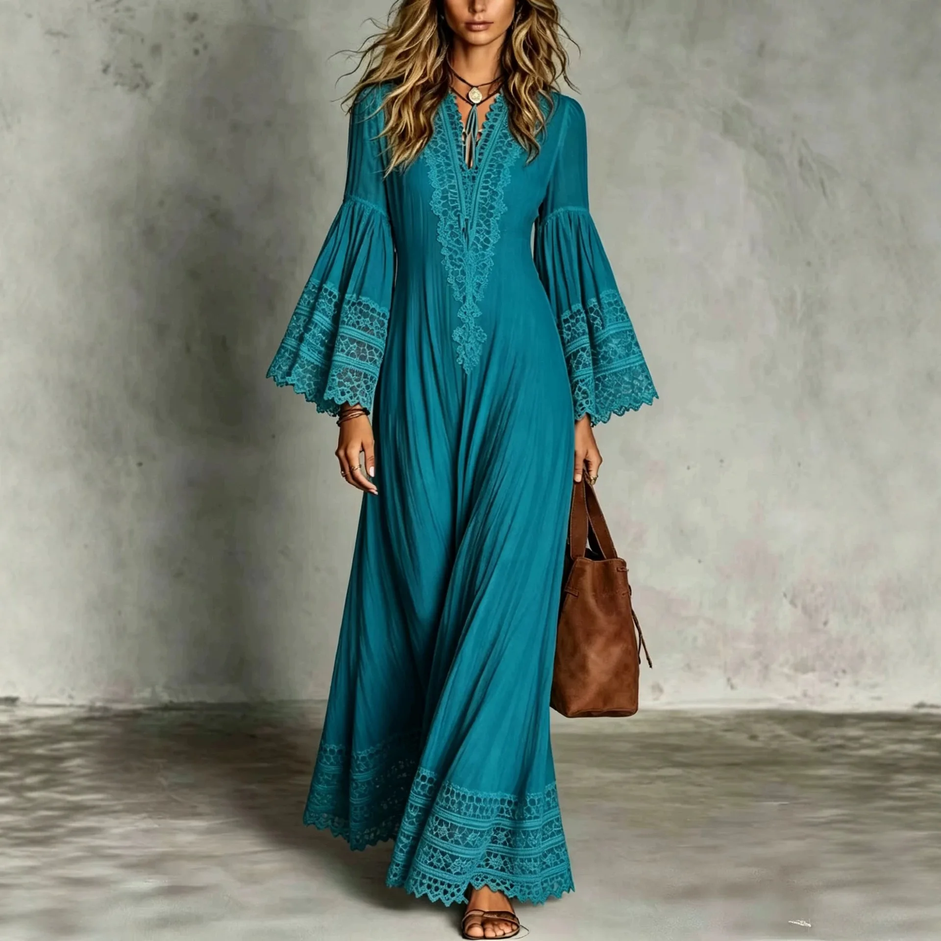 Women's Elegant Lace Maxi Dress Boho Bell Sleeve V-Neck Long Dresses Vintage Embroidered Beach Wedding Guest Summer Sundress