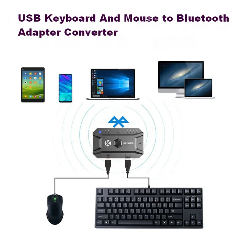 Keyboard Mouse USB Bluetooth 5.0 Converter From Wired to Wireless Adapter Support 8 Devices For Tablet,Laptop,PC,Mobile,USB Hub