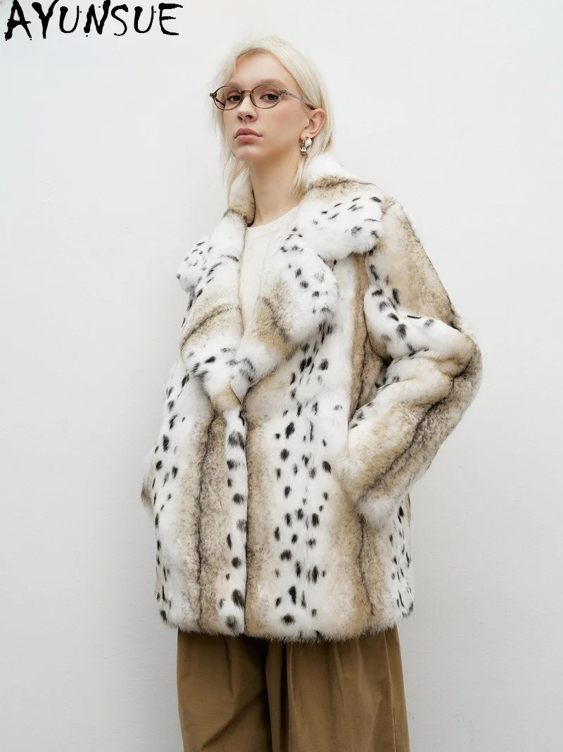 AYUNSUE Real Rabbit Fur Coat Women Clothing Mid Length Loose Fit Leopard Print Suit Lapel Fur Jacket Ladies Шуба Натуральный Мех