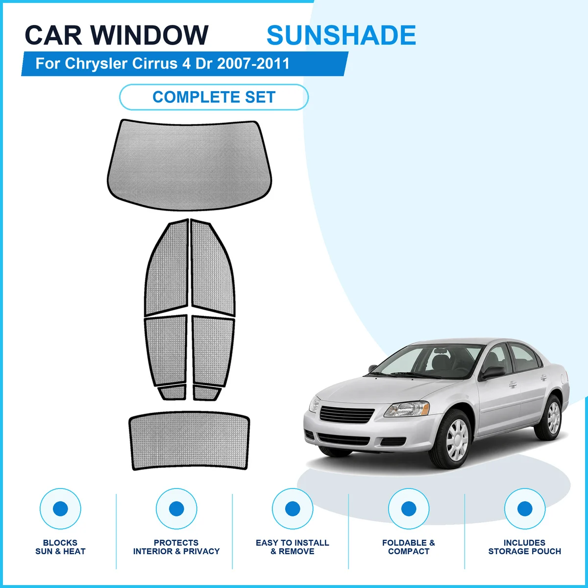 For Chrysler Cirrus 4 Dr 2007-2011 Custom Full Set Window Sunshades Aluminum Foil Suction Cup Anti UV Privacy