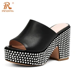 PRXDONG Women's Sandals New Brand Genuine Cow Leather Chunky High Heels Platform Open Toe Black Rivets Dress Party Casual Shoes