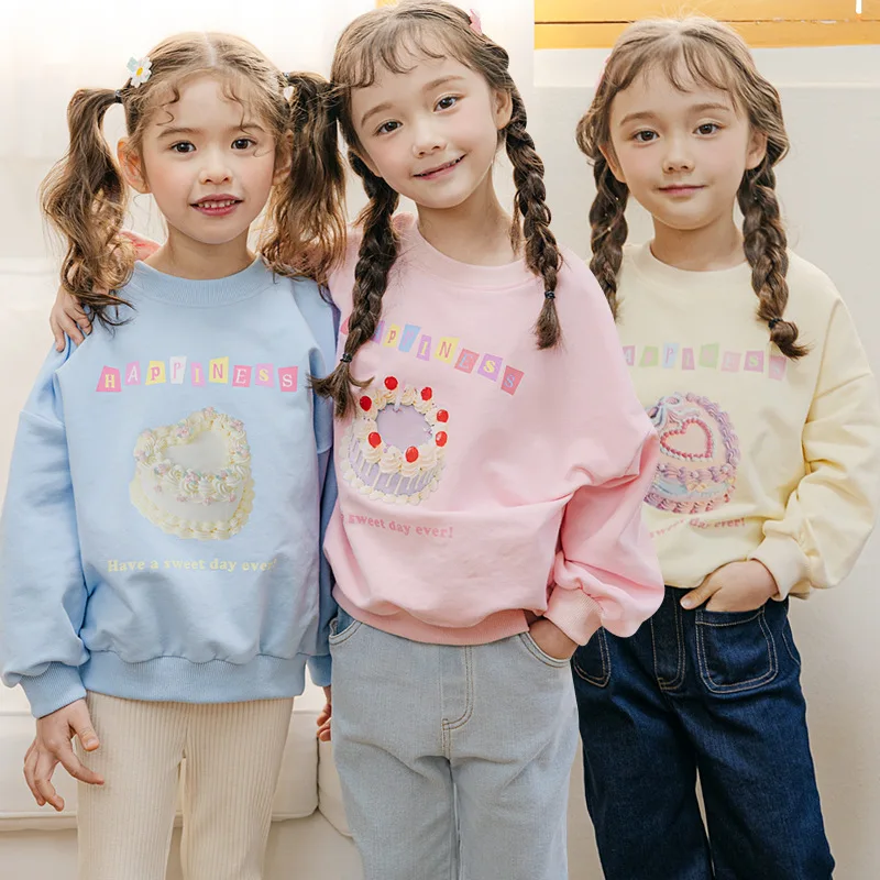 

Girls Sweater 2025 Spring New Pink Cake Print Round Neck Long-sleeved Girl's Top Cotton Cute Girls T-shirt Children's Clothing