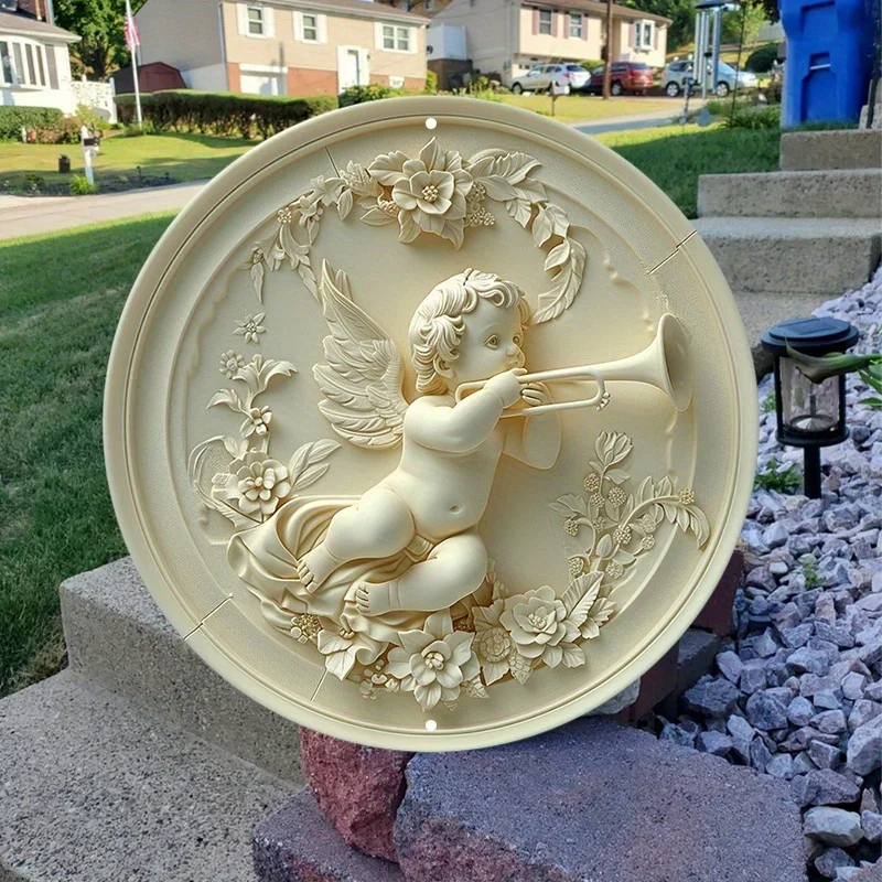 Aluminum Angel Cherub Metal Sign, Wall Art, Decorative 2D Round Relief Plaque, HD Printed, Outdoor, Indoor, Tavern, Home