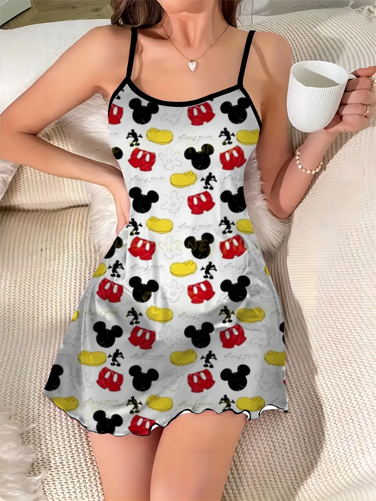 Gola redonda superfície cetim saia do pijama, Minnie Mouse, Mickey, guarnição de alface, Disney, chique elegante, vestidos de verão sexy, moda, 2024