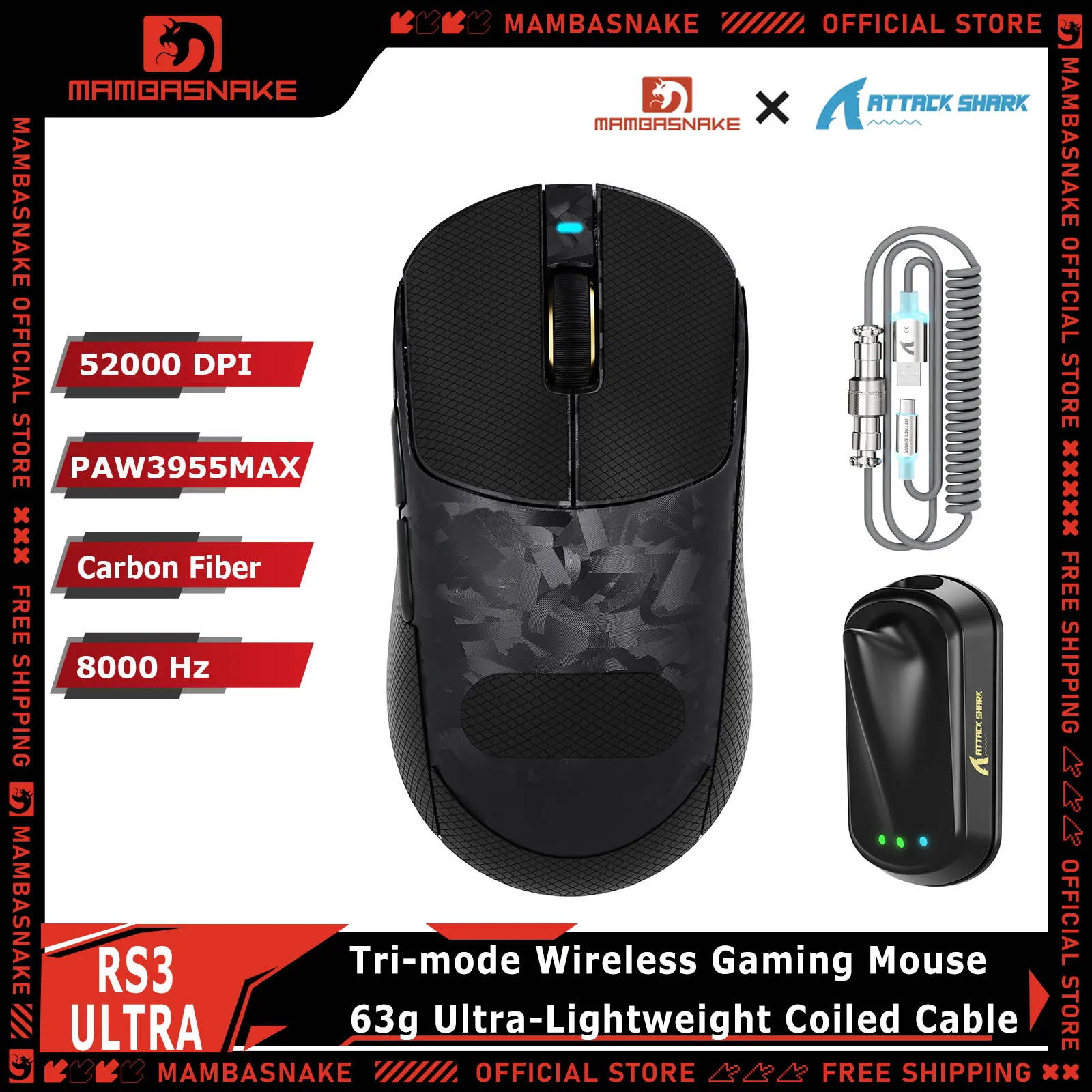 ATTACK SHARK RS3Ultra Tri-Mode Wireless Gaming Mouse With Coiled Cable Carbon Fiber PAW3955MAX Sensor 52000DPI Dual 8000Hz 63g