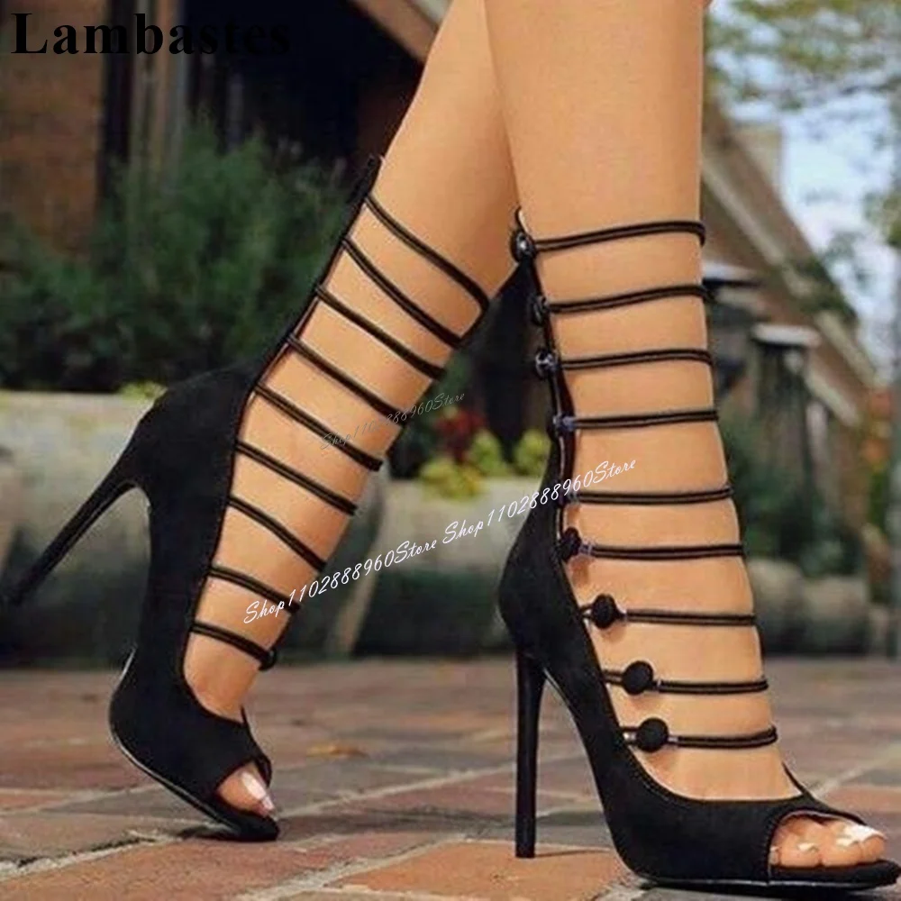 

Sexy Style Black Flock Button Strap Pumps Stilettos High Heel Women Shoes Back Zipper Peep Toe 2023 Fashion Zapatos Para Mujere