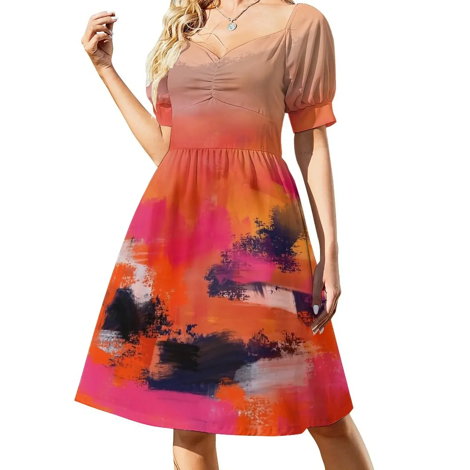 

Warm Pink and Orange Abstract Flower Field Short-Sleeved Dress wedding dresses for woman Dress
