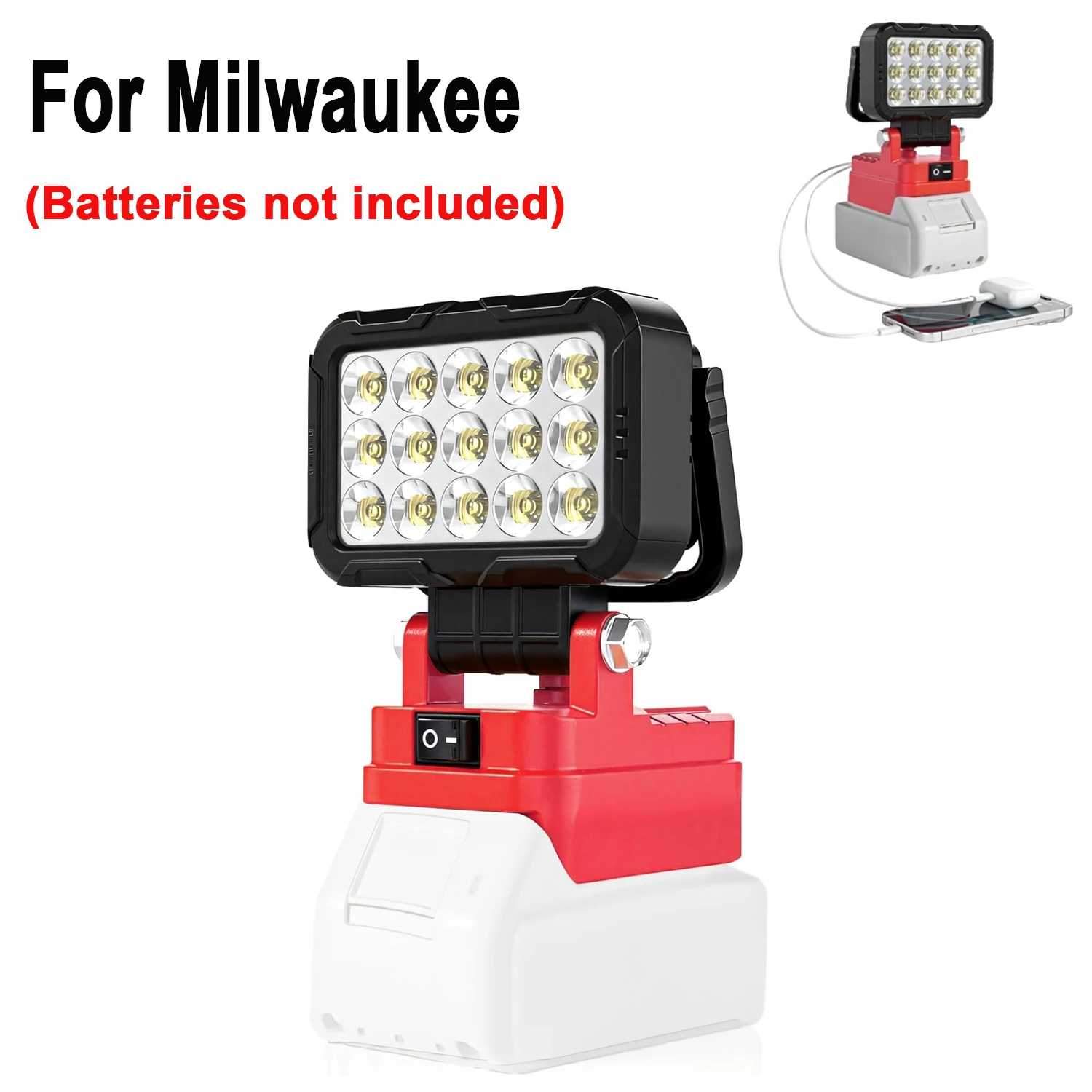 

Светодиодный рабочий фонарь для Milwaukee 18V 40W 6000LM, 2 USB-порта, 145 ° Регулируемый беспроводной прожектор (батарея в комплект не входит)