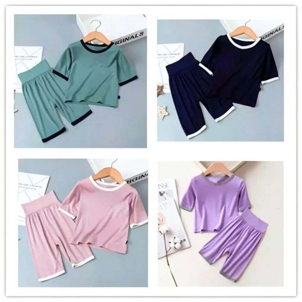 Summer Breathable Kids Sleepwear Modal Pajamas Set Thin Soft Home Clothes Girls Boys Short Sleeve Loungewear Outfit
