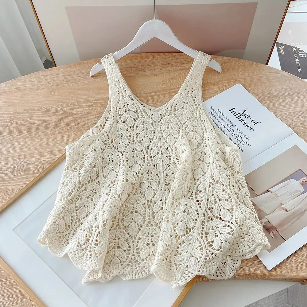 Sleeveless Crochet Top Sheer Embroidery Lace Open-knit Crop Tank Tops for Women Spring Summer Boho Vacation Outfit
