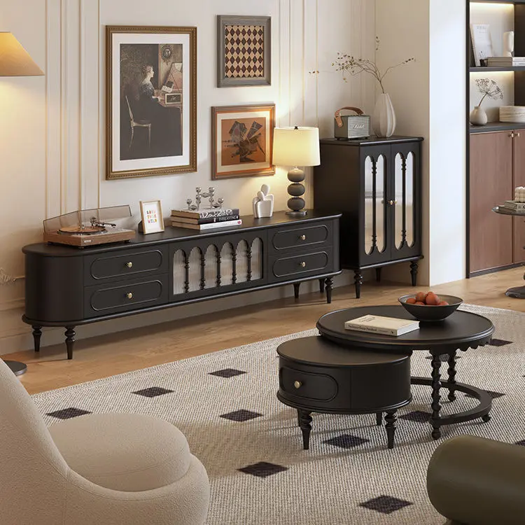 #Black tall TV cabinet coffee table French retro TV cabinet living room solid wood home American floor cabinet