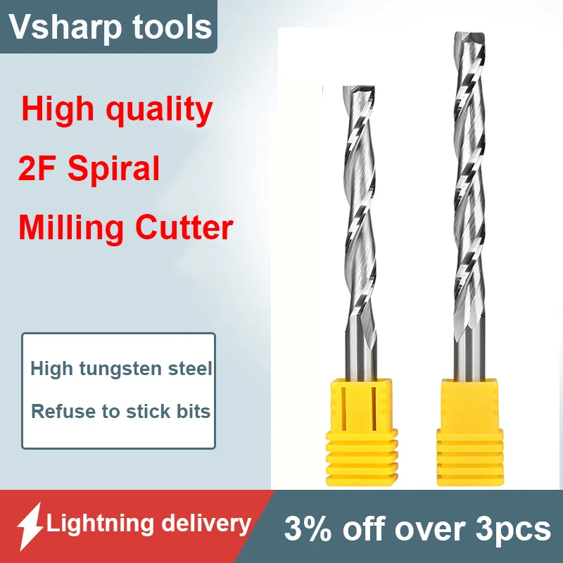 Vsharp-broca enrutadora de grabado CNC, fresa de punta plana, 2 dos flautas, herramienta de corte en espiral, brocas de carburo para madera, MDF y PVC