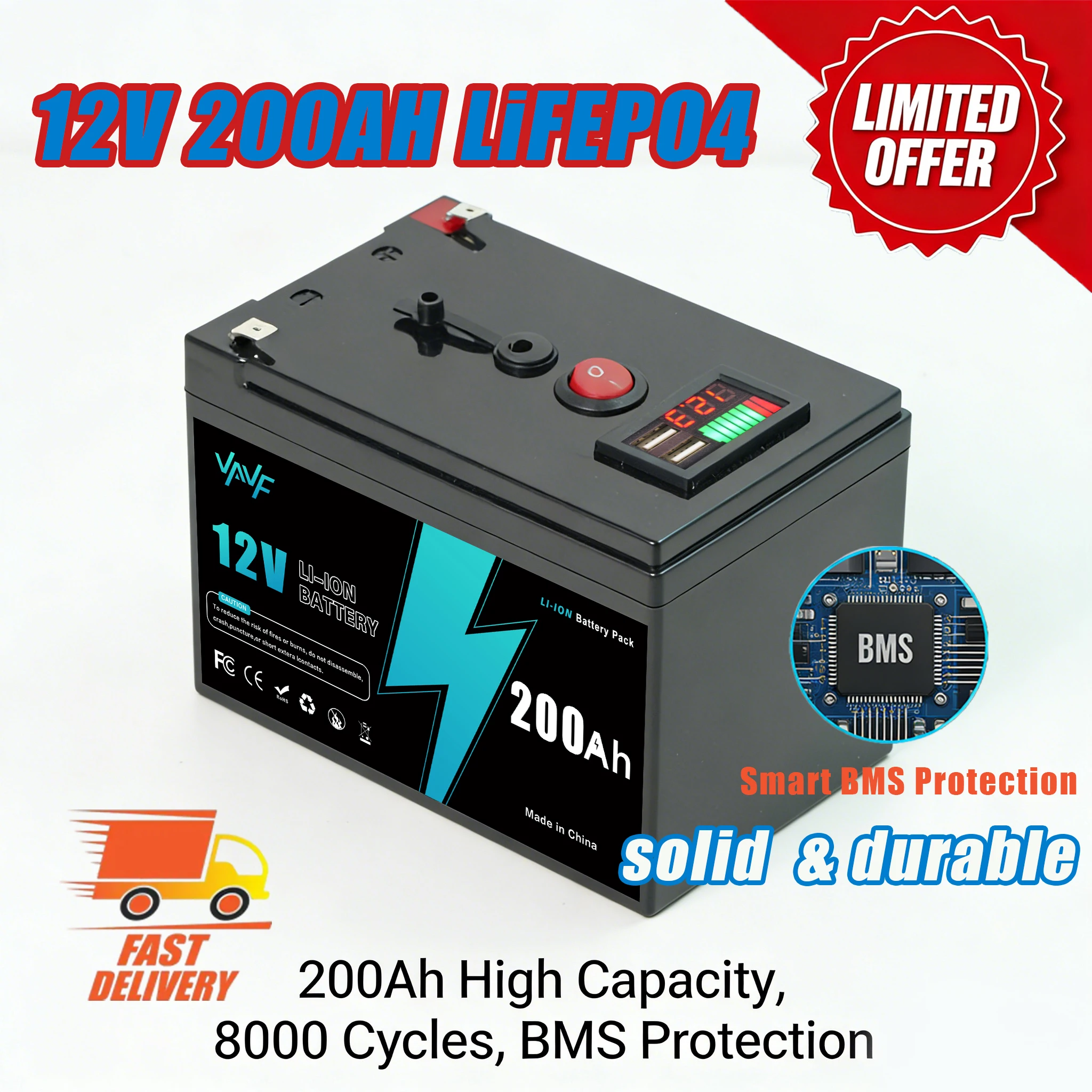 

High-Cycle Lithium Battery 12V200Ah LiFePO4 Deep Cycle Battery Lron Phosphate Battery,Ideal for Off-Grid Solar⛷️Camping&RV