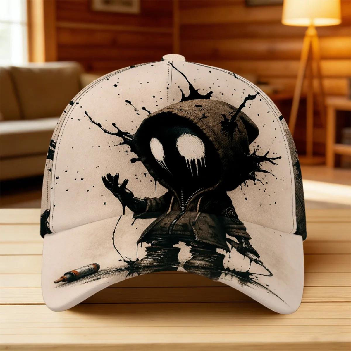 Custom 1pc /Chinese Character Ink Drip Graffiti Cap - Adjustable Duckbill Hat with Retro All-Over Print, Lightweight Polyester