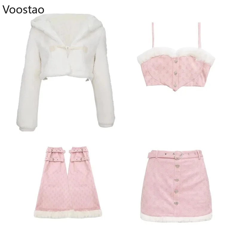 Japanese Pink Kawaii Lolita 4 Pieces Set Women Bunny Ears Hooded Jacket Sweet Mini Skirt Suit Female Korean Party Casual Y2k Set