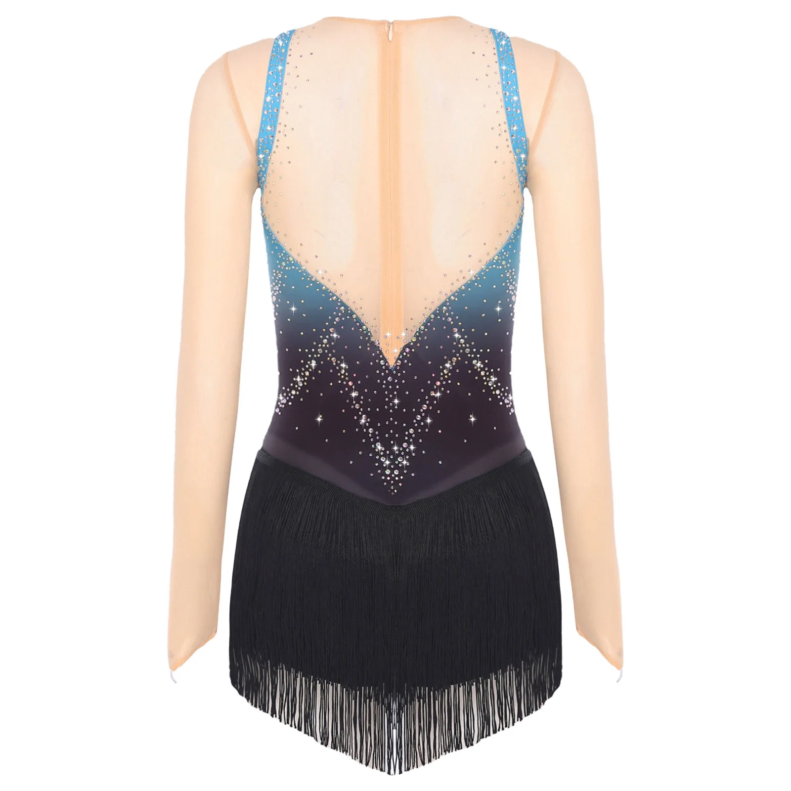 レディース叙情的なダンスレオタードドレスキラキララインストーンメッシュタッセルフリンジワンピースボディスーツフィギュアスケート体操ラテン