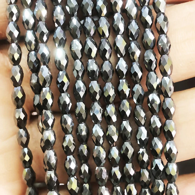 Faceted oval Hematite beads Black Natural Stone Rice shape Spacer Loose beads For Jewelry Making DIY Bracelet Accessories  15\