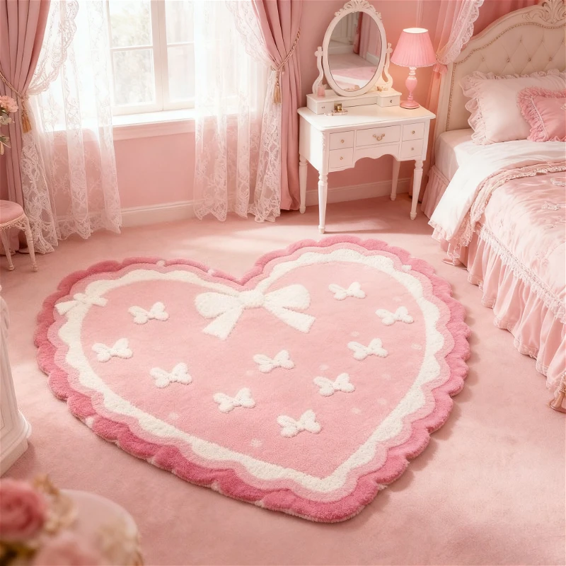 VIKAMA Girlish Pink Heart-Shaped Plush Rug With Bow Adornment Home Living Room Bedroom Decorative Rug Home Decoration