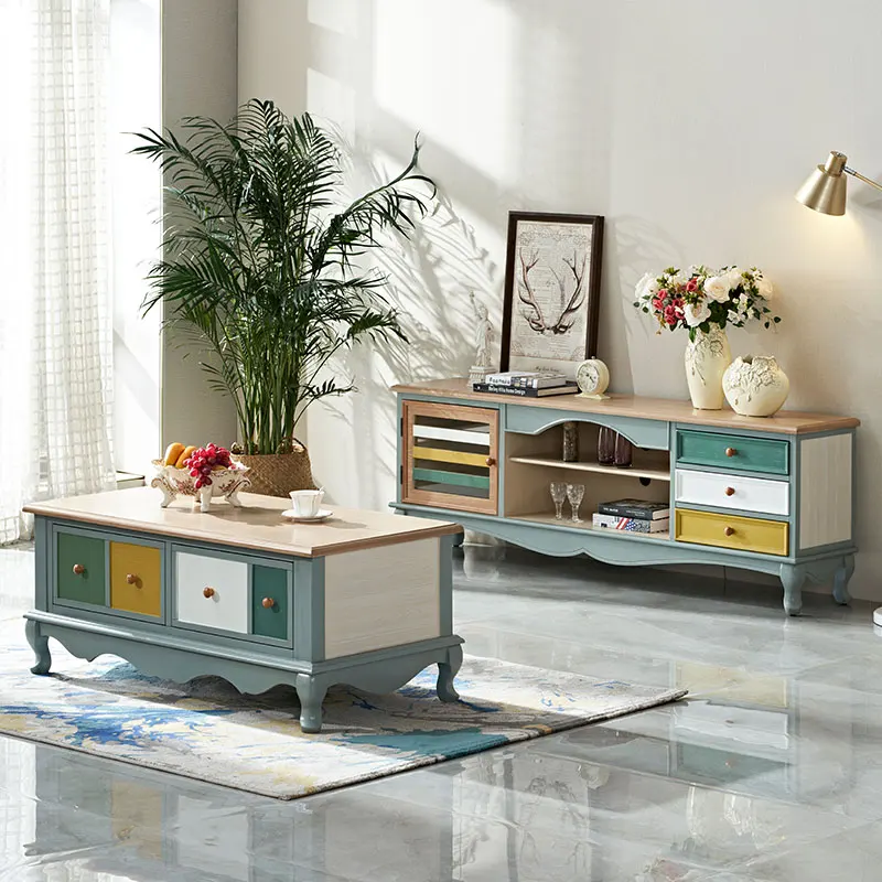 

Mediterranean TV cabinet coffee table combination American TV cabinet floor cabinet small apartment living room locker old color