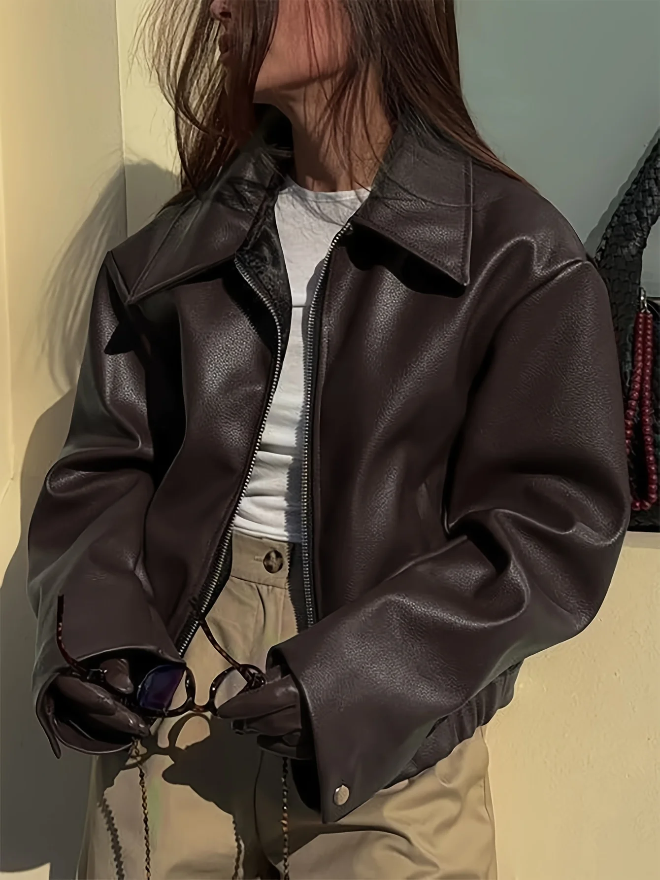 Cool ort cuir Jaet femmes décontracté américain Sle rétro Biker vêtements fermeture éclair coupe ample longue Sve col montant manteau