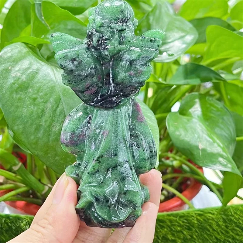 10CM Natural Ruby In Zoisite Angel Figurine Hand Carved Healing Stone Gemstone Reiki Home Decor Crystal Craft Gifts 1pcs