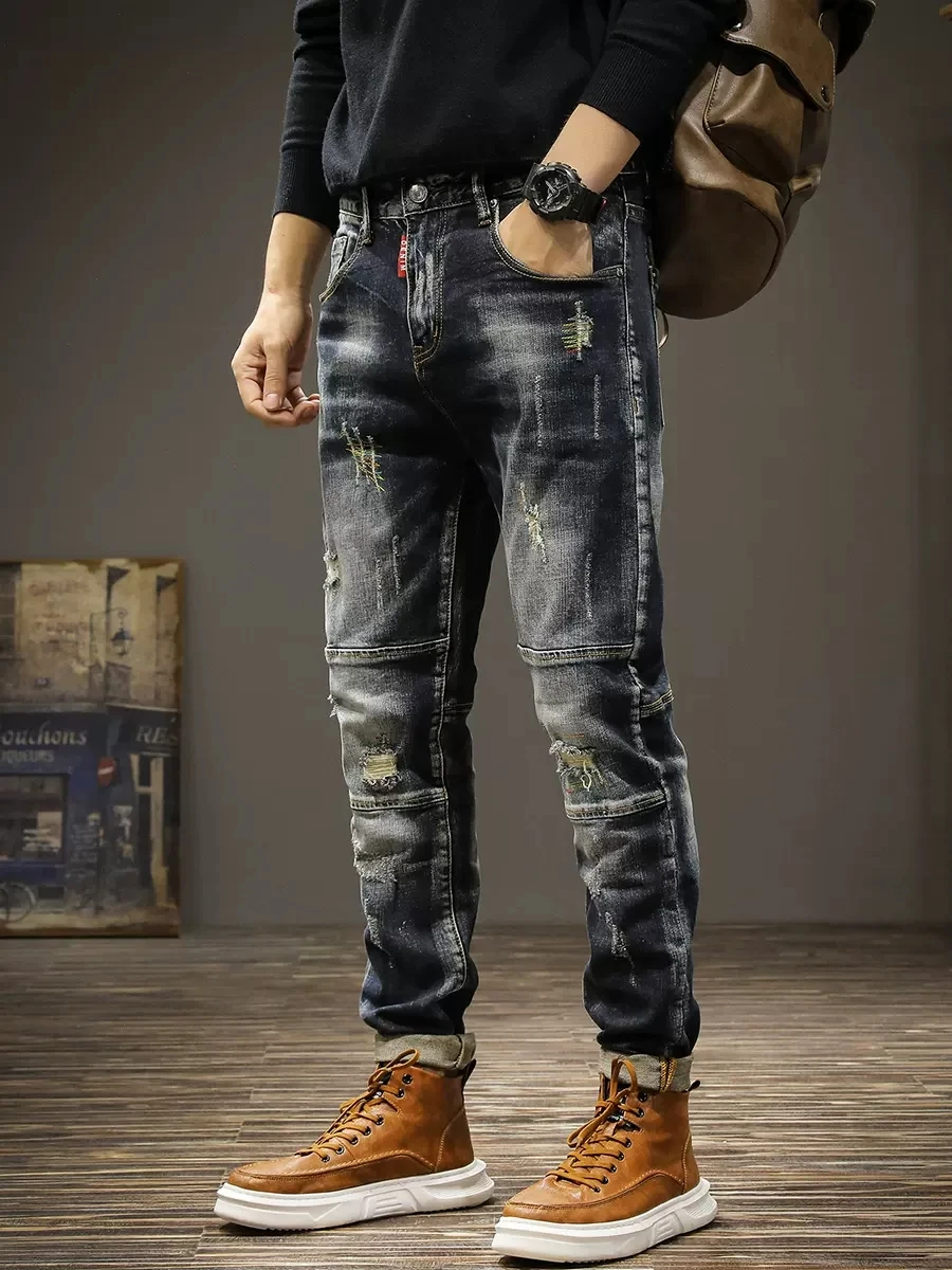 Jeans élastiques fendus coupe couvertes pour hommes, pantalons en denim bleu et noir, mode de rue, haute qualité, designer rétro, zones bre