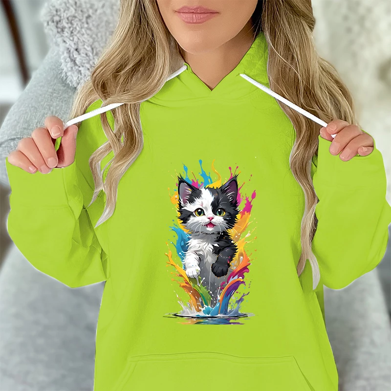 Women's Sweat-shirt Colored Flames Cat Print Fashion Casual Hoodies Women Kawaii Cartoon Animal Cat Essential Classic Sweatshirt