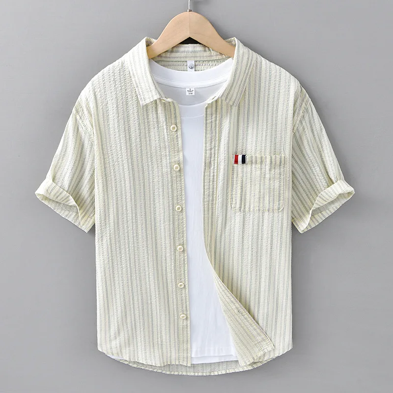 

Men's Pure Cotton Bubble irt Summer Thin Breathable Loose ort Sve Striped Casual irt for Commuting And Youth Faion