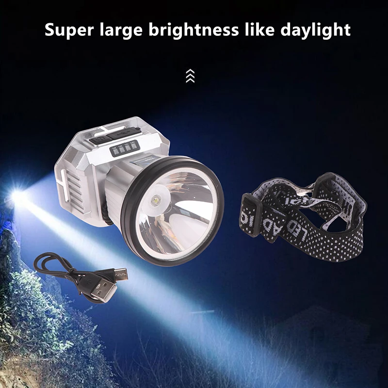 Налобный светильник, супер яркий аварийный прожектор, уличный сильный свет, светодиодный фонарь типа C, перезаряжаемый светильник для ночной рыбалки