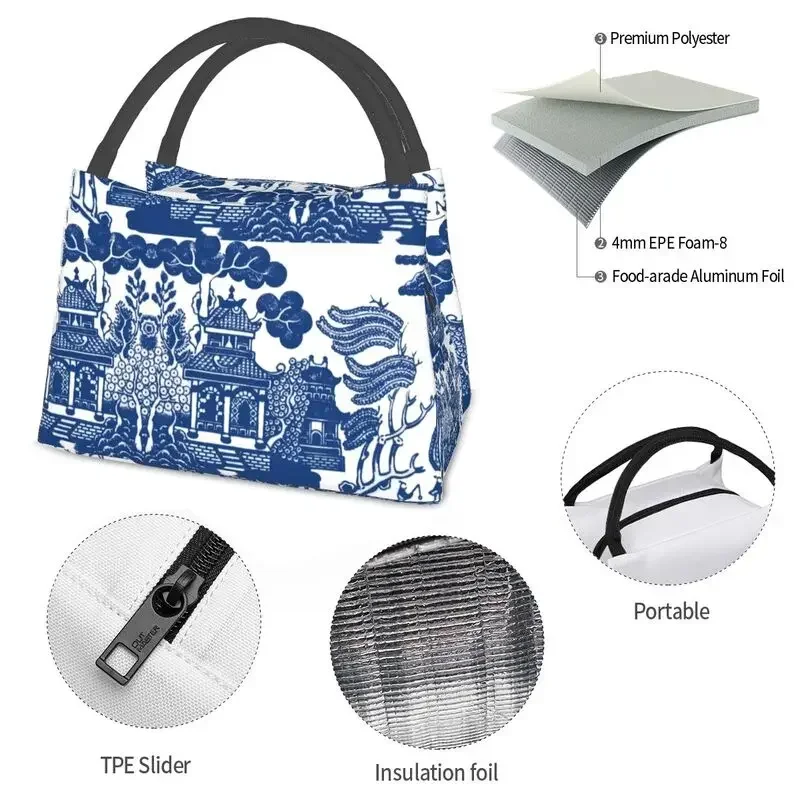 Blue Willow Chinoiserie Blue And White Porcelain Inspiration Insulated Lunch Bags Work Office Resuable Cooler Thermal Bento Box