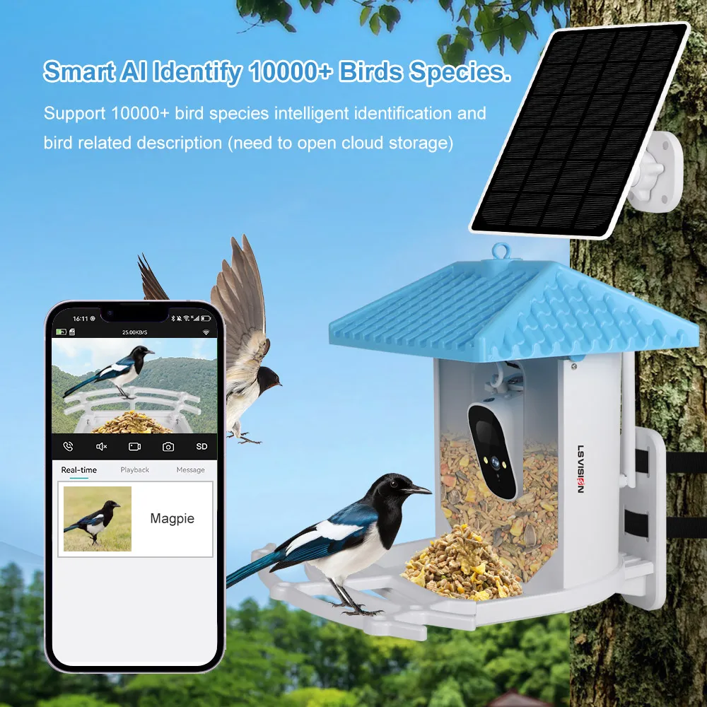 LS VISION 2K Smart Bird Feeder Camera with Solar Panel 4MP WiFi Battery Wireless Outdoor AI Intelligent Recognition Bird Species