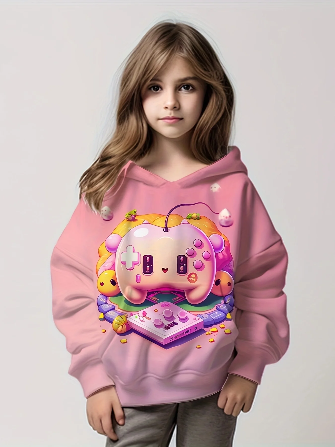 Y2k Girl Pink Love Hoodie Top Long Sleeve 3D Digital Printing Candy Color Kawaii Crew Neck Children Autumn and Winter Warmth