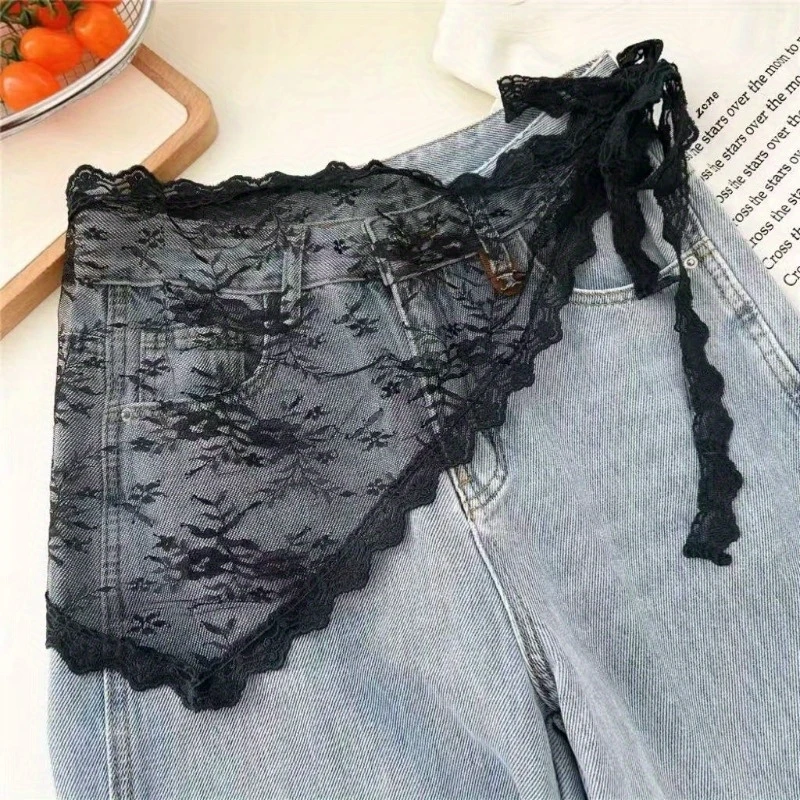 Vintage Black Lace Mesh Triangle Headscarf，Belt Layering as a Clothing Accessory，Suitable for All Seasons，Hippie Cute，Bohemian，C