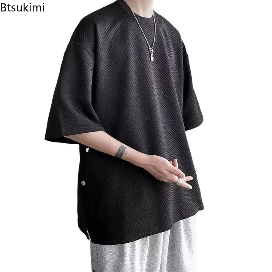 2025 Loose Short Sleeve T-Shirt Men's Design Sensation Slit Button Up Top Summer New Style Casual Crew Neck Half Sleeve Shirts