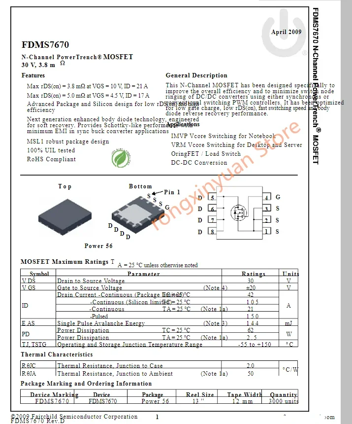 FDMS7670 7670 N Kênh PowerTrench®MOSFET 30 V, 3.8 MΩ 100% Mới Chính Hãng