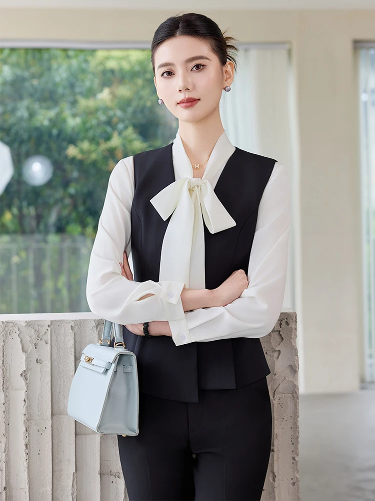 Ele Blue Suit Vest Women's 2025 New Spring Autumn One Button Outerwear Profional Clothing Set Polyester Fabric V-Ne