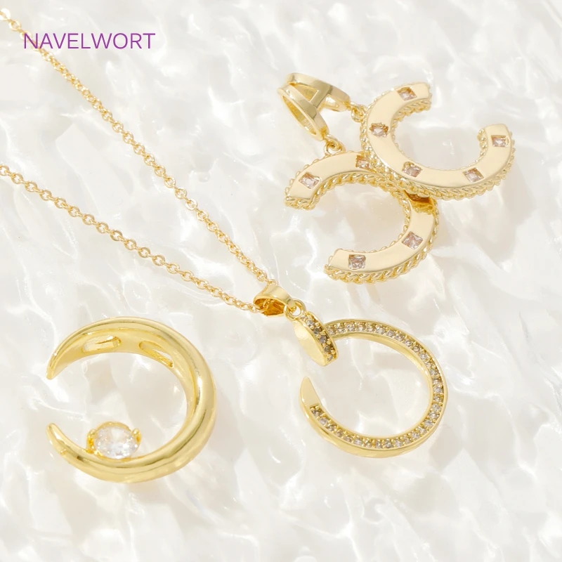 18K Gold Plated Brass Moon/Double C Pendants For Jewelry Making,Inlaid Zircon Pendants Charms DIY Necklace Making Accessories