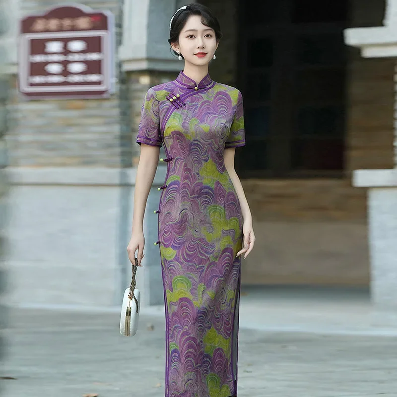 

Old Shanghai Chinese Style Long Improved Cheongsam 2025 Young Women Retro Short Sleeved Spring/Summer Qipao Dress